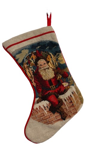 Vintage Needlepoint Christmas Stocking Santa Claus Coming Down Chimney Stocking - Afbeelding 1 van 7