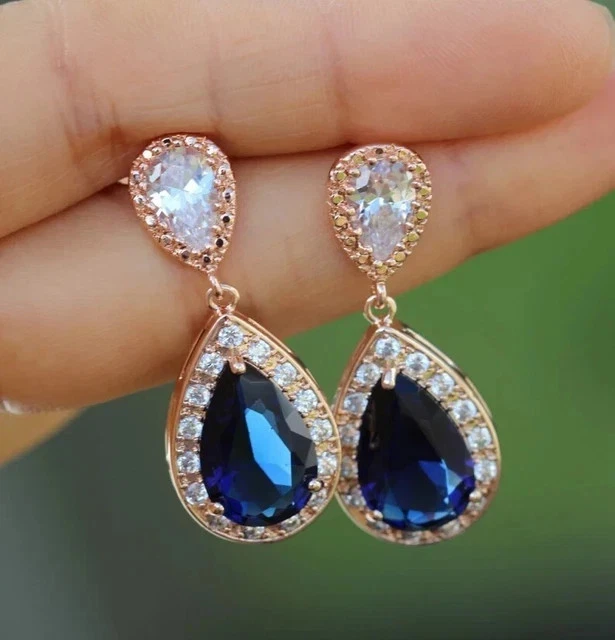Lab Created Blue Sapphire 3Ct Pear Cut Drop Dangle Earrings 14K Rose Gold Plated - Image 3 of 4