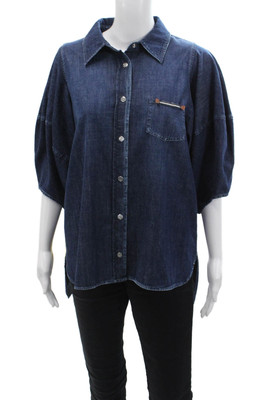 Lorena Antoniazzi Womens Cotton Short Sleeve Denim Blouse Top Navy Size 44