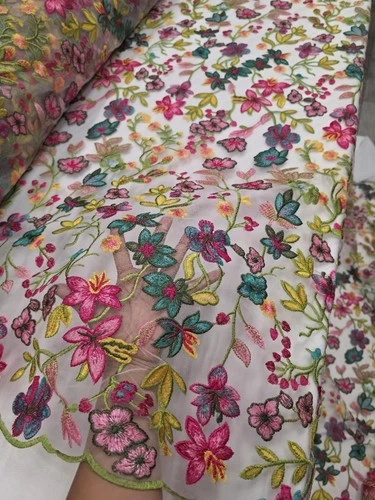 Fabric By The Yard Multicolor Lace Pink Fuchsia Embroidery Flowers On White Mesh - product listing photo