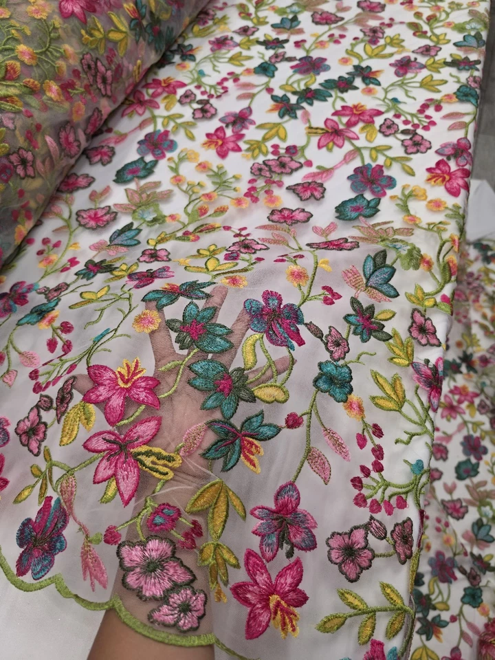 Fabric By The Yard Multicolor Lace Pink Fuchsia Embroidery Flowers On White Mesh - Image 1 of 4