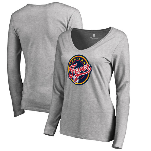Women's Heathered Gray Indiana Fever Primary Logo Long Sleeve V-Neck T-Shirt - Picture 1 of 3