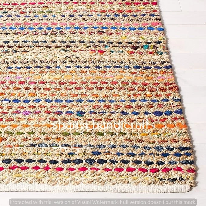 Rugs carpet Jute Cotton Mix Bohemian Area Rug Modern Braided Non Slip Carpet Mat - Image 2 of 4
