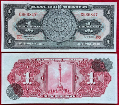 #ad 1967 Mexico Banknote 1 Peso CRISP UNC Paper Money Aztec Calendar Independence $3.98