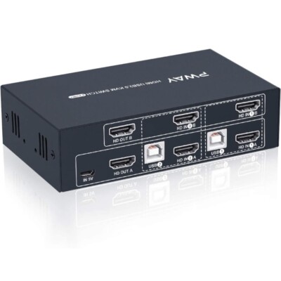 2 Port Dual Monitor KVM Switch HDMI 4K@30Hz, 2 USB 2.0 Hub, Supported Wireles...