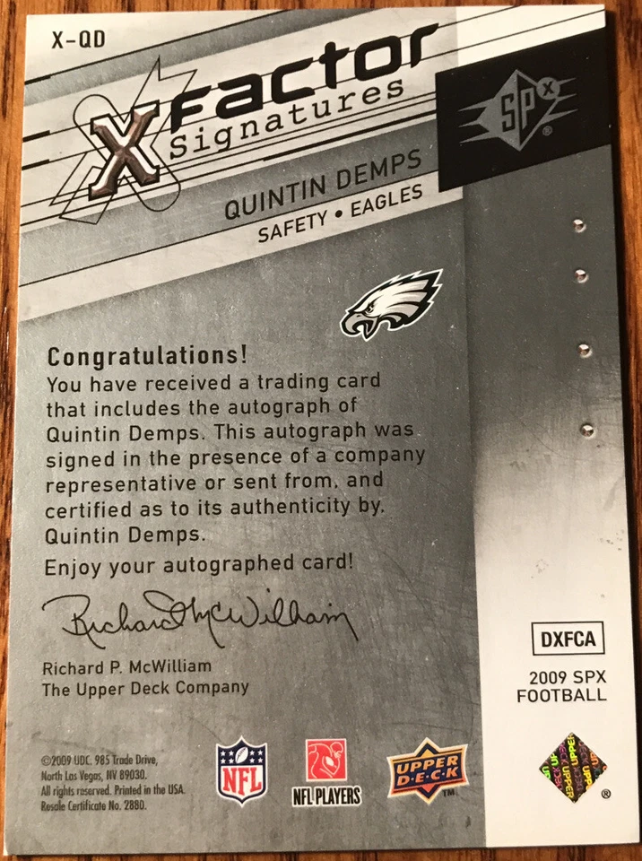 2009 SPx X-Factor Autographs Quintin Demps X-QD Philadelphia Eagles - Image 2 of 3