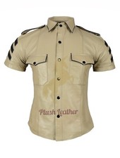 New Mens Very Hot Police Uniform Gay Genuine Beige Color Leather Shirt