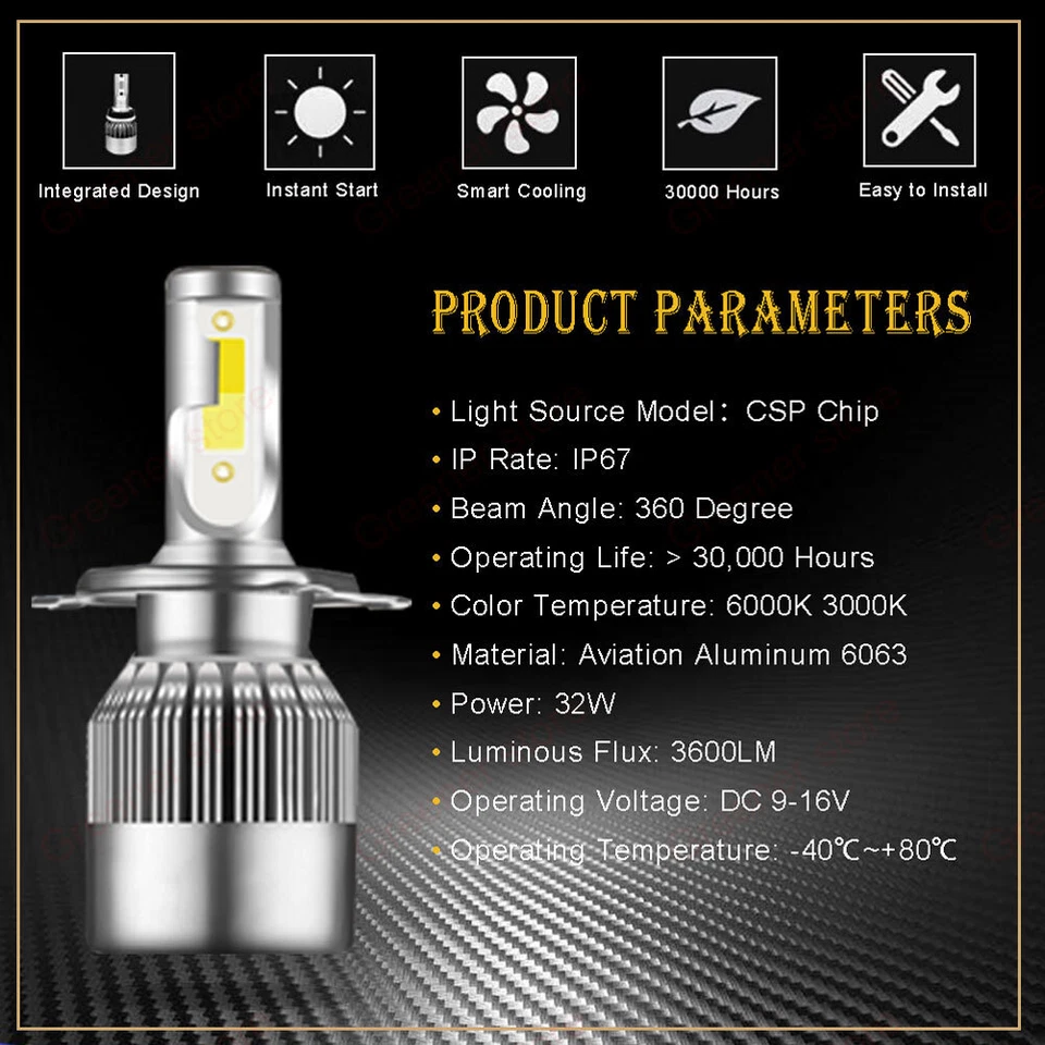 55W H4 LED Headlight Dual Color Car Bulbs Kit 6000K White + 3000K Yellow Lamps - Image 2 of 4