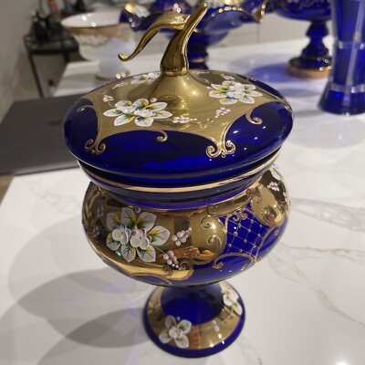 Czech Vintage Bohemian Glass Candy/Nut Vase 24K Gold Hand Painted Cobalt Blue