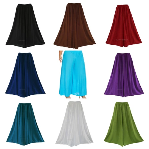 Women Solid Rayon Flowy Loose Palazzo Wide Leg Flare Pants Trouser Plus Size