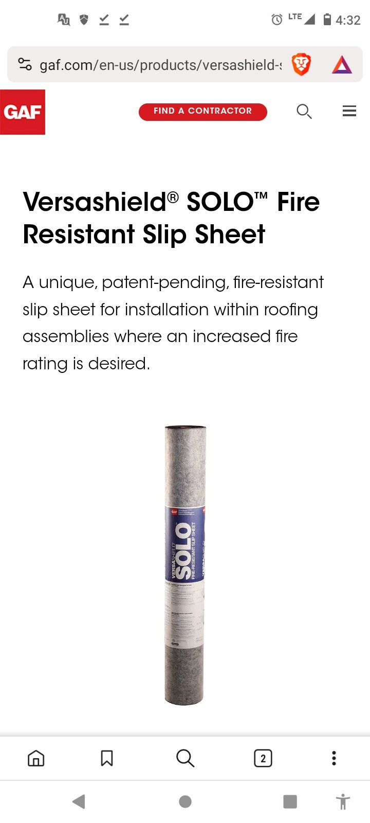 Gaf Versashield Solo FireResistant Slip Sheet 3' X 166.7' Roofing