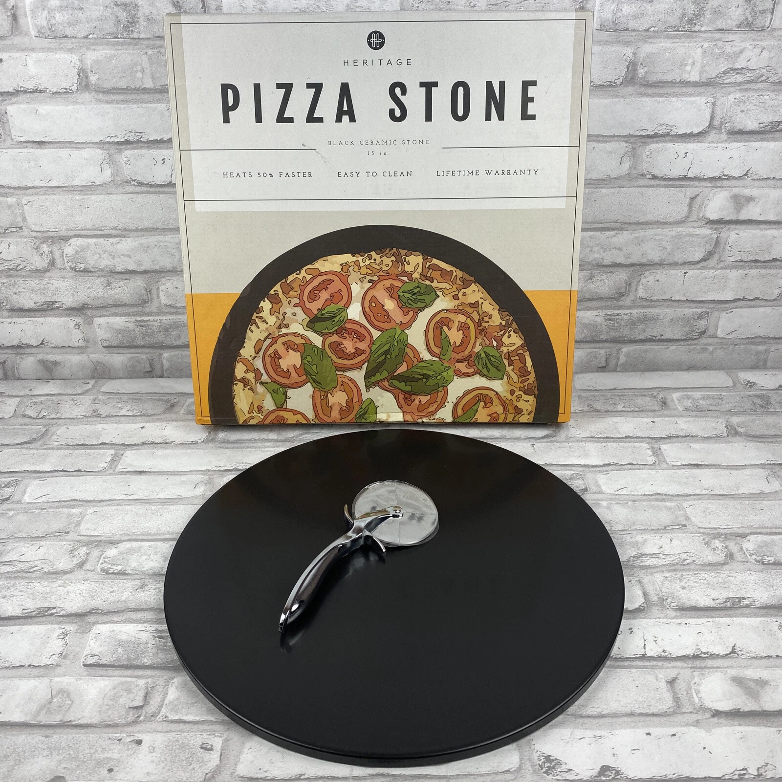 Heritage Pizza Stone 15" Black Ceramic Round Free Pizza Cutter