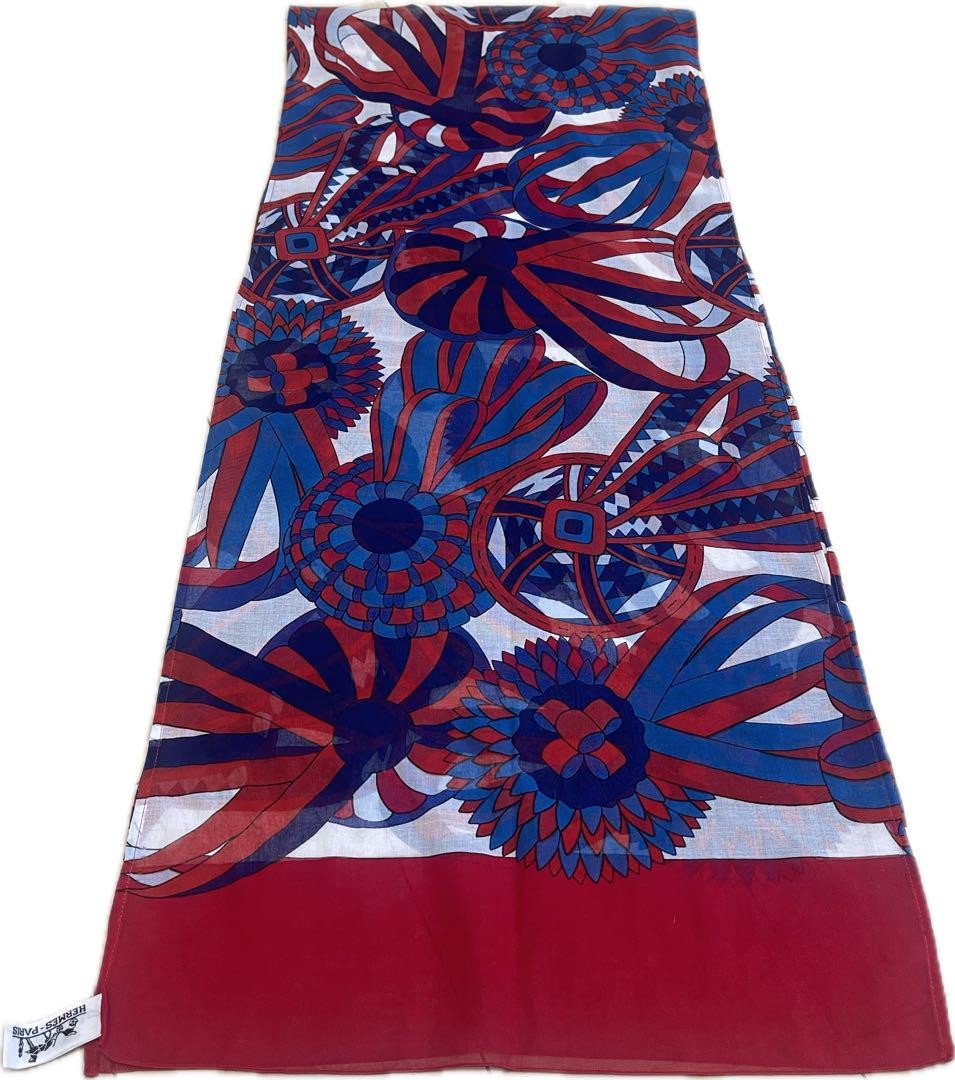 HERMES Vintage Medal Motif Scarf 100% Cotton Red Blue White