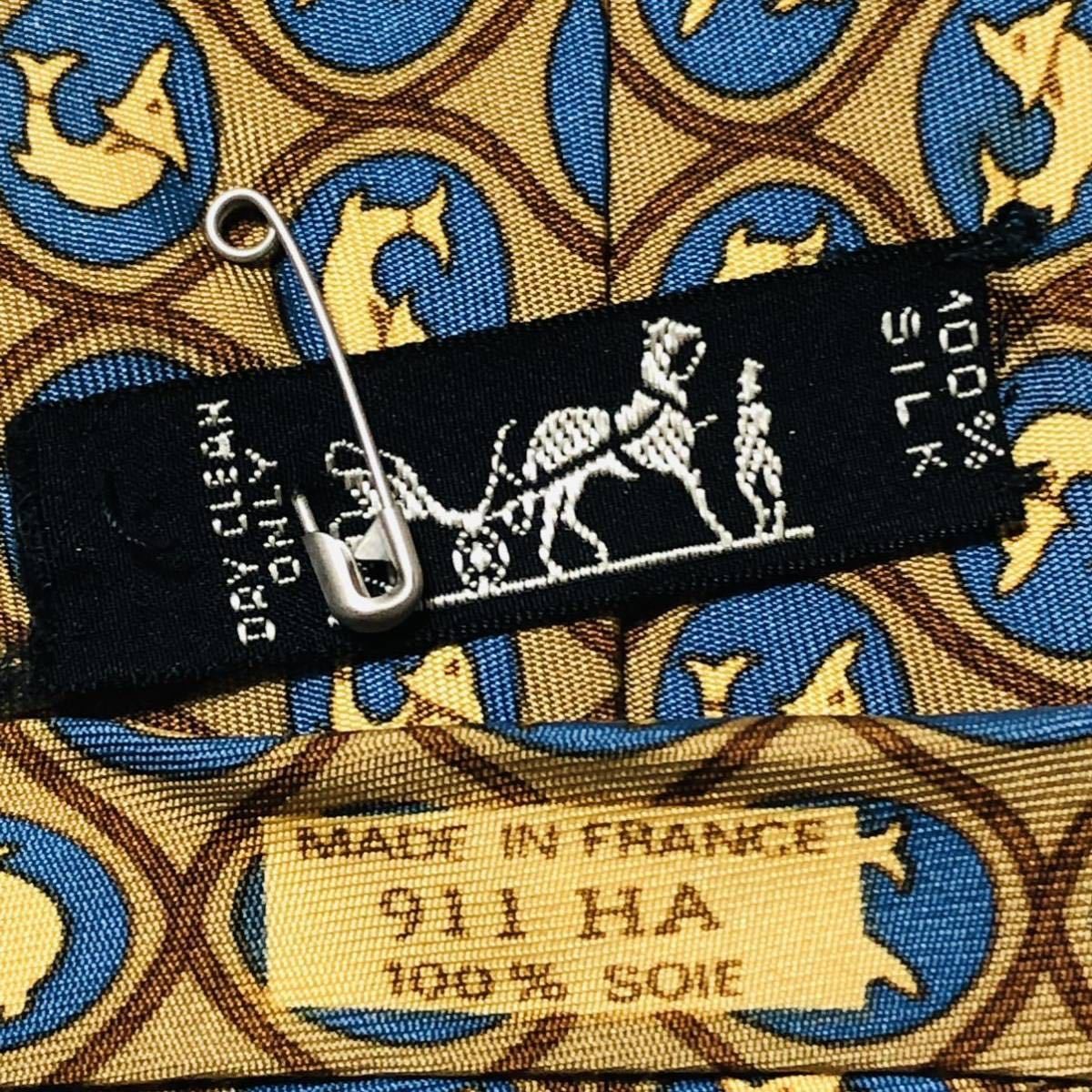 HERMES tie checkered pattern fish pattern silk be… - image 8