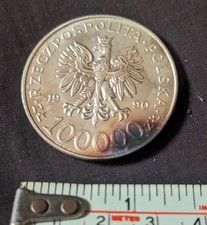 OLD SILVER COIN 100000 SOIDARNOII 1980 1990 POLSKA RZECZPOSPOLITA HEAVY TONING