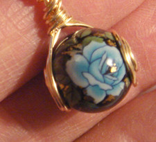  155 Blue Decal Bead Pendant with Silver Chain Wire Wrapped One of a Kind