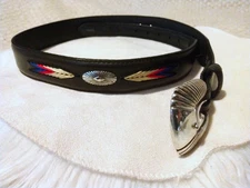 Tony Lama Western Belt 30 Black Leather Embroidered Concho Buckle Cowgirl Aztec