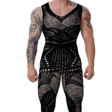 Completo Intimo Senza Maniche Da Uomo Body Fetish Calze A Rete Sexy