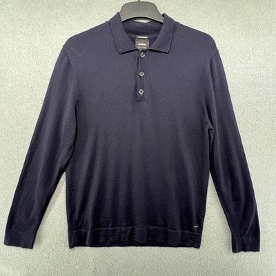 Strellson Merino Wool Polo Jumper Mens L Navy Zip Neck Smart Casual
