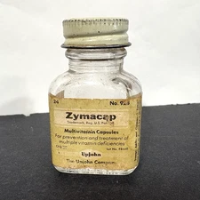 Vintage Zymacap Multivitamins Glass Jar Upjohn Medical Bottle 928 Metal Lid