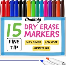 Chalkola Dry Erase Markers Fine Tip 15 Pack, 12 Extra Tip, 12 Colors