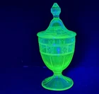 Jeannette Doric Candy Dish Jar and Lid Depression Uranium Glass Glows