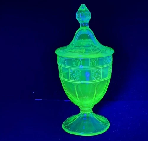 Jeannette Doric Candy Dish Jar and Lid Depression Uranium Glass Glows