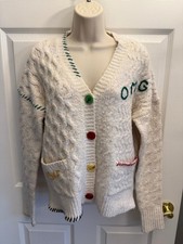 Anthropologie John + Jenn OMG Cabled cream Cardigan bright buttons/stitch XS