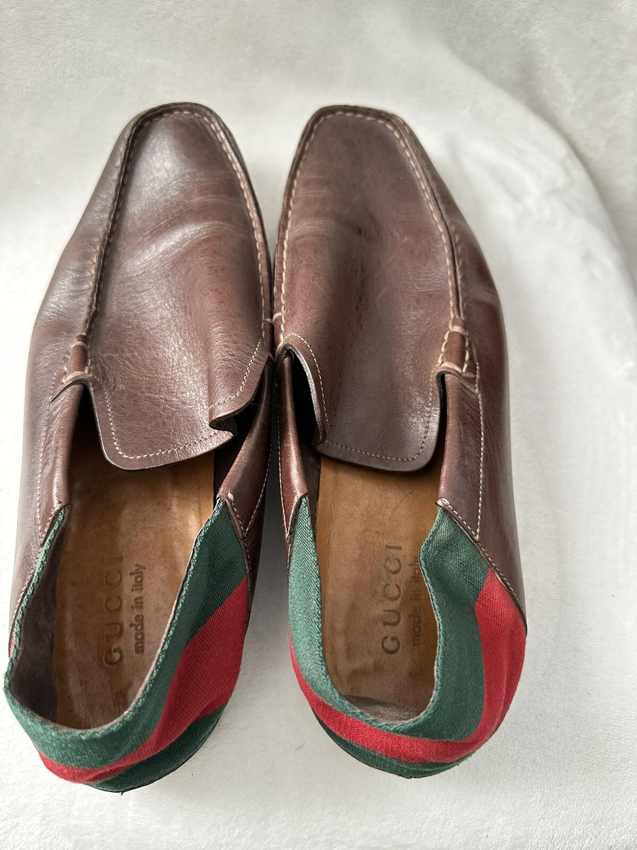 GUCCI BROWN LEATHER SLIP ON LOAFERS WITH GREEN + RED RIBBON  display picture 3