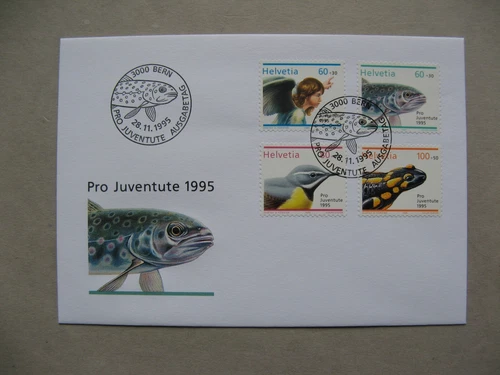 SWITZERLAND, cover FDC 1995, Pro Juventute angel fish trout bird fire salamander