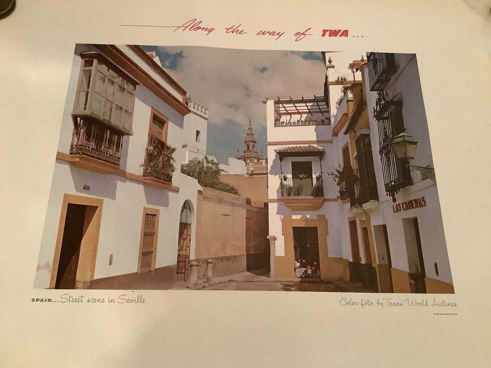 Póster de viaje vintage original años 50 17x22" TWA Airlines: Sevilla España Foto 2 de 4
