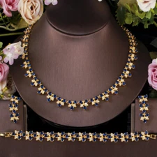 Gold Plated Bridal Necklace Bracelet Earrings CZ Zirconia Leaf Women Jewelry Set