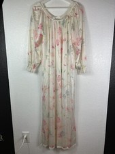 Miss Elaine Sz S Vintage Sheer Maxi Gown Lace Trim White with Flowers USA