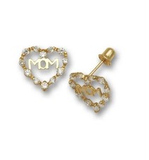 14k Yellow Gold Mom Heart Shape with CZ Baby Screw Back Stud Earrings