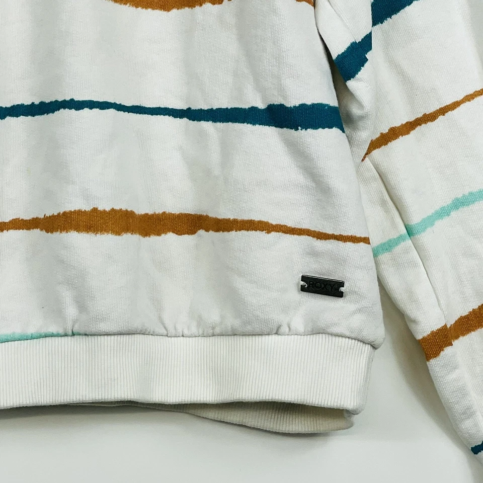 Roxy Surf Womens Junior Medium Beige Teal Stripe Cropped Sweatshirt Pullover Top - Image 3 of 4