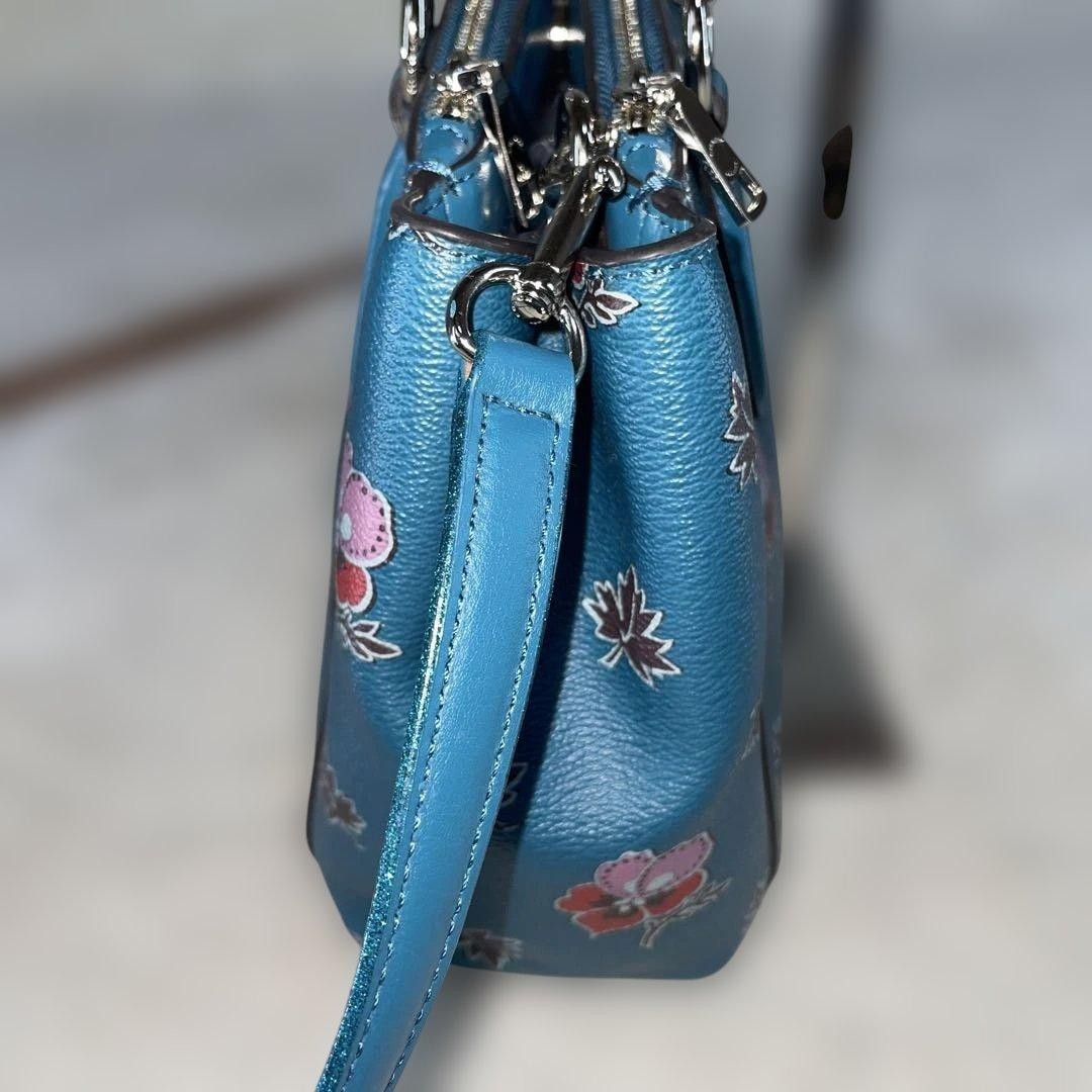 COACH 2way Shoulder Bag Floral Pattern Rose Handbag Leather Blue   Authentic thumbnail 18
