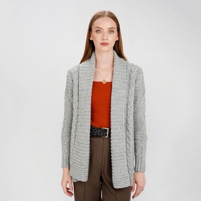 SAOL Women's Open Front Aran Cable Knit Cardigan in GREY Machine Washable NEW!