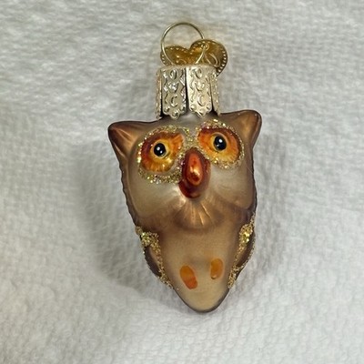 Old World Christmas Mini Owl Glass Ornament Brown Glitter OWC 2''