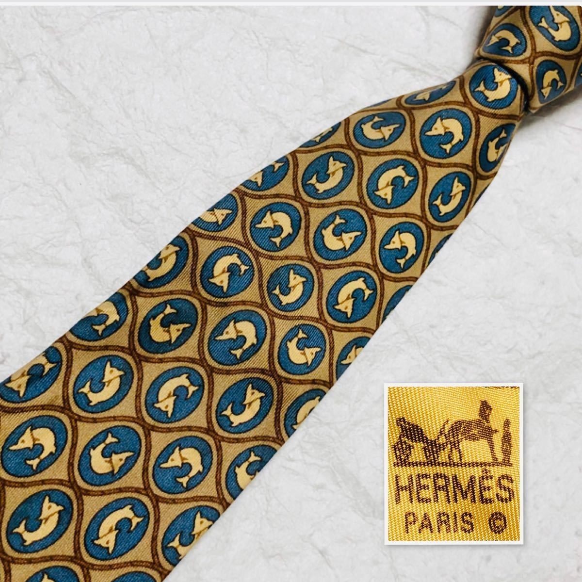 HERMES tie checkered pattern fish pattern silk be… - image 1