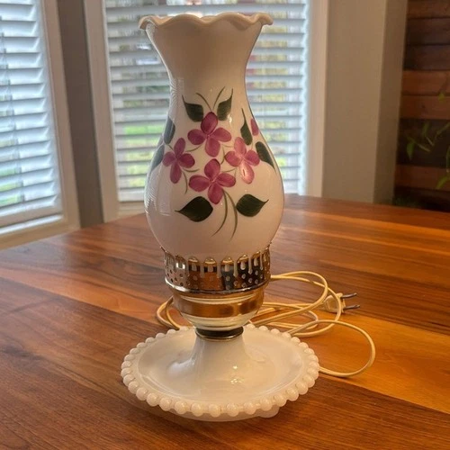 Vintage White Floral Hand Painted Hobnail Milk Glass Hurricane Lamp 11.5” Tall