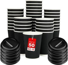 Takeaway Coffee Cups 50 Pack  with Lids | Disposable Insulated Triple Wall Rippl