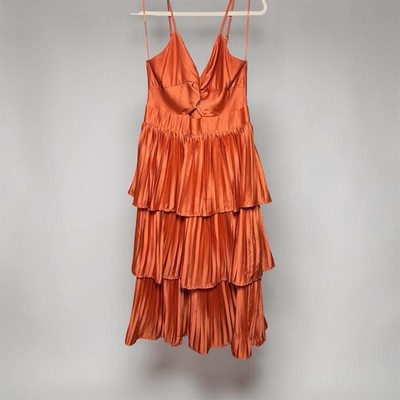 Flying Tomato Orange Satin Pleated Tiered Ruffle Midi Dress V-Neck L | eBay