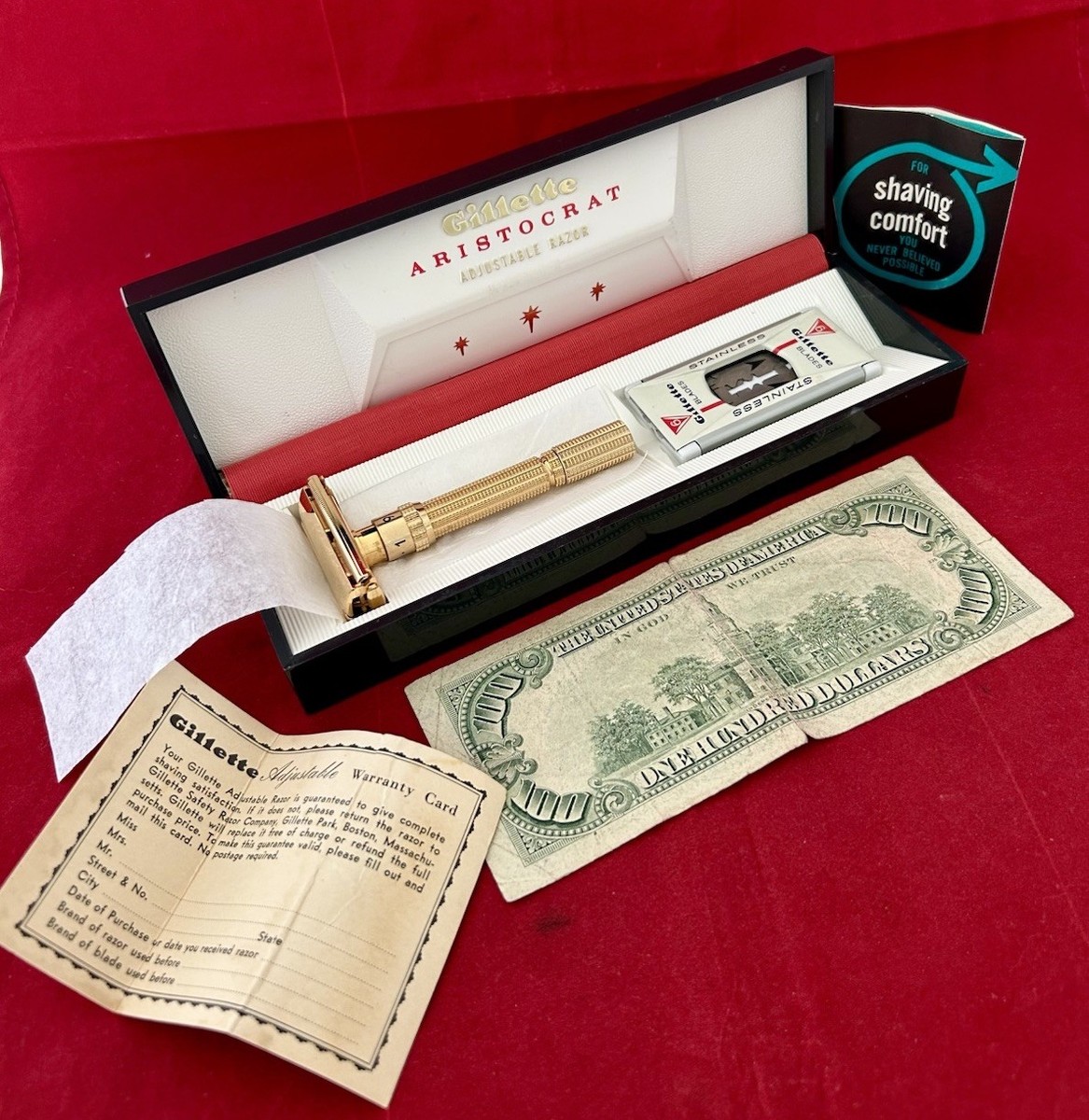 ヴィンテージ GILLETTE ARISTOCRAT 1964 Vtg 1964 GILLETTE ARISTOCRAT Adjustable Razor 24K Gold Complete