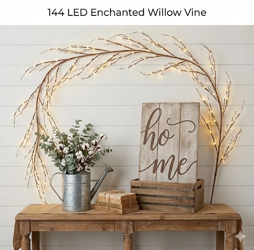 144 LED Enchanted Willow Vine Lights 7.5ft Wall Decor USB Remote Warm White Xmas