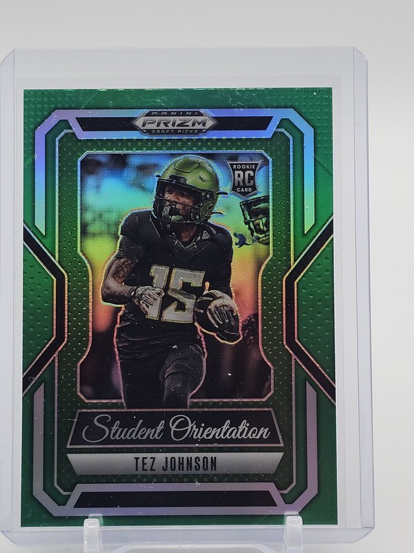 TEZ JOHNSON 2025 PANINI PRIZM DRAFT STUDENT ORIENTATION ROOKIE GREEN RC Q5830