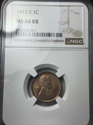 1913-S 1c NGC MS-64 RB Lincoln Wheat Cent