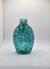Hand Blown Speckled Art Glass Vase Teal Blue Signed 5.75"