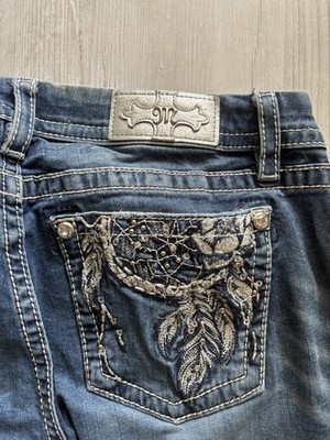 Miss Me Damen Bootcut Jeans Blau Gr. 32 Schrittlänge 69 cm Stickerei Strass