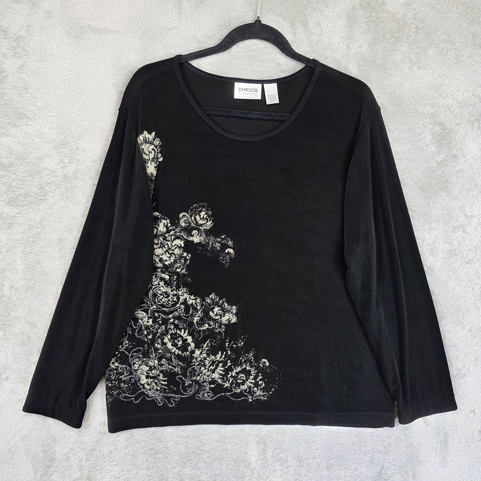 Chico's Travelers Blouse Womens XL Black Scoop Neck Long Sleeve Floral Knit Top