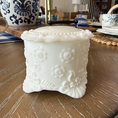 #ad Vintage Fostoria Jenny Lind Milk Glass Dresser Trinket Box Vanity Jar Lidded 3quot; $26.00